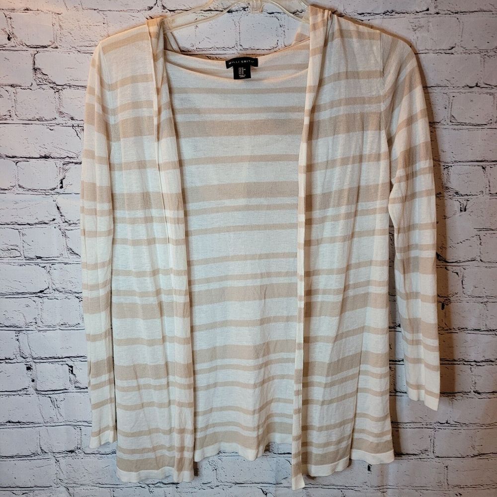 Willi Smith Striped Hooded Open Front Cardigan Womens Medium Tan White Excellent